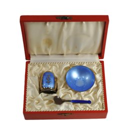 VB Denmark Sterling Silver Blue Enamel Pepper Shaker Salt Cellar Spoon In Box