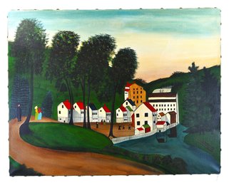 Decorative Folk Art Village Landscape Oil Painting River Mill Scene