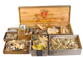 Large Lot Antique & Vintage Jigsaw Puzzle Pieces (Wood & Cardboard) With Boxes