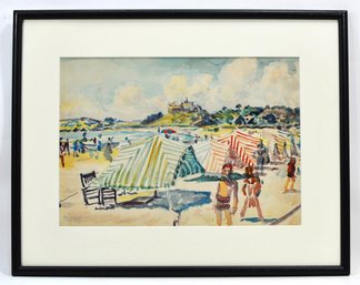 Vintage Newport RI Beach Scene Impressionist Watercolor, 'Baileys Beach'