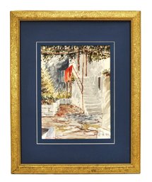 George Papadoperakis ( Greek 20th C.) Mediterranean Courtyard Scene Watercolor