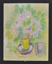 Vintage Pastel Drawing Of African Violet Still Life- Signed