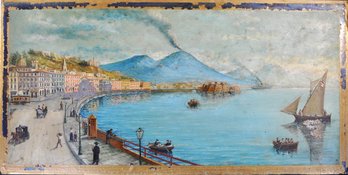 Antique Italian Harbor Scene With Mount Vesuvius, Oil On Metal, Signed L. Bellucci
