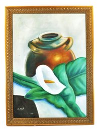 Mid-Century Still Life Oil Painting Calla Lily & Copper Vase Signed O. ART