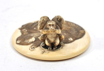 Antique Carved Three Wise Monkeys Figural Mirror With Engraved Monkey Scene