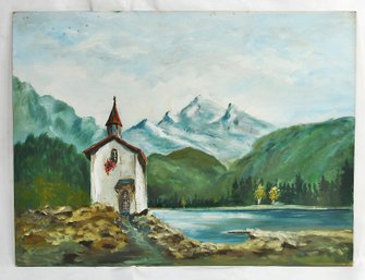 Vintage Mountain Lake Chapel Landscape Oil Painting