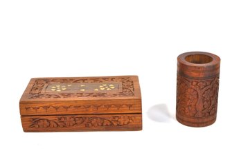 Vintage Hand-Carved Wooden Trinket Box And Cylinder Holder