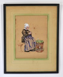 Nancy Dyer (1903 - 1907) Vegetable Woman Antique Watercolor Painting