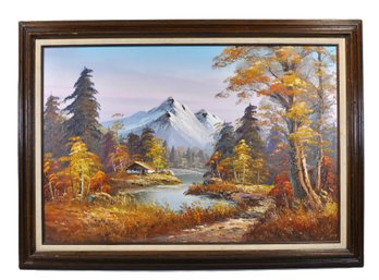 Vintage Oil Painting Of Mountain Landscape With Cabin By Mitchell
