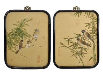 Pair Of Vintage Chinese Bird & Bamboo Paintings On Silk