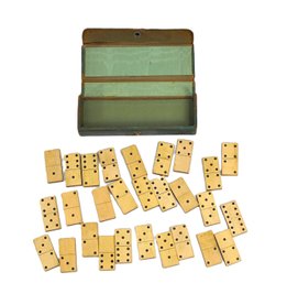 Antique Wooden Dominoes Set In Original Leather Travel Case