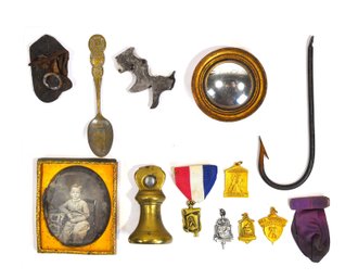 Mixed Antique & Vintage Small Objects Lot Daguerreotype, Medals, Brass & Iron