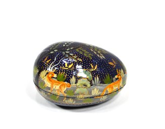 Vintage Hand-Painted Lacquer Egg Form Trinket Box With Deer & Landscape Motif