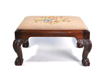 Antique Needlepoint Footstool With Carved Claw Feet