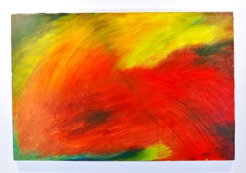 Vintage Abstract Expressionist Oil Painting On Canvas - Bold Red & Yellow Color Field