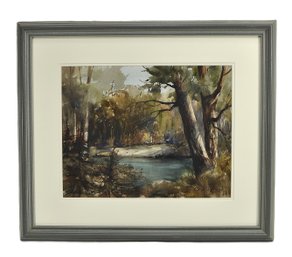 Signed Original Watercolor Woodland Pond Landscape