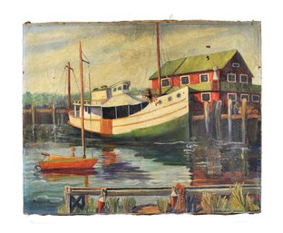 Margaret Hamlin (1931-1944) Harbor Scene Oil Painting Fishing Boat & Wharf