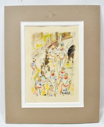 Original Signed Marcel Watercolor Of Running Of The Bulls, Pamplona Scene