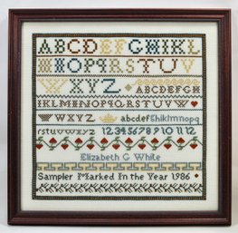 Elizabeth C. White 1986 Alphabet Sampler, Hand-Stitched Cross-Stitch Needlework