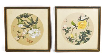 Pair Vintage Chinese Floral & Bird Watercolor Paintings - Signed