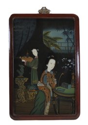 Beautiful Chinese Reverse Glass Painting Of Two Ladies, Framed