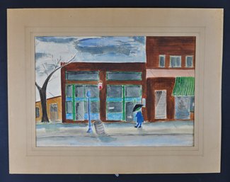 Vintage Folk Art City Street Scene Watercolor/Ink Illustration - Figure With Umbrella