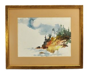 Robert F. Calrow (19162012) Signed Watercolor Coastal Lighthouse Landscape