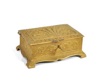 Antique Ornate Gilt Metal Jewelry Casket Box With Mirror & Key