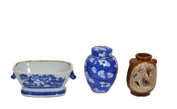 Lot 3 Asian Ceramic Vessels  Blue & White Planter, Crackle-Glaze Ginger Jar & Relief Pottery Vase