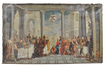 Large Antique Biblical Oil Painting On Canvas  ' The Marriage At Cana' After Paolo Veronese