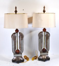 Pair Of Art Deco Style Table Lamps With Amber Glass Spheres And Sculptural Ribbed Bases