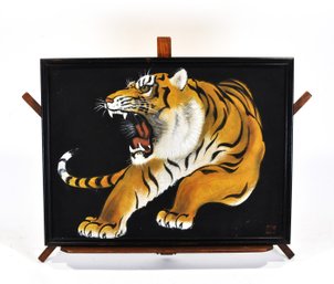 Vintage Asian Hand-Painted TIGER On Silk - Signed
