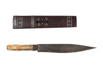 Vintage Khmer Cambodian Stag Knife - Angkor Wat Temple Etched Blade W/ Sheath