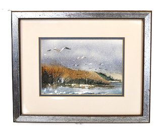 Vintage Signed Small Winter Landscape Watercolor  Framed