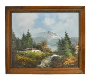 Signed Antonio Mountain Landscape Oil Painting On Canvas In Rustic Wood Frame