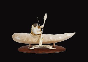Carved Inuit Sculpture The Harpooner In Kayak  Signed, Mounted