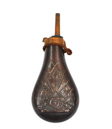 Antique Copper Powder Flask With Military Motif