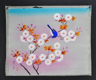 Vintage Chinese Hand-Painted Silk Painting – Blue Bird & Blossoming Branches