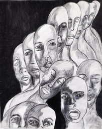 Signed Charcoal Drawing Of Faces, Modern Expressionist Style