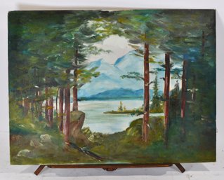 Vintage Mountain Lake Landscape Oil Painting On Canvas