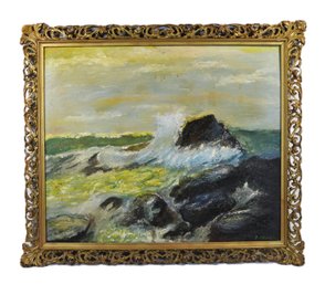 Signed Vintage Coastal Seascape Oil Painting With Crashing Waves