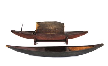Pair Antique Chinese Wooden Boat Models With Woven Canopy & Stand