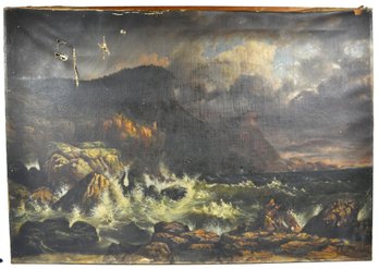 Large Antique Oil Painting On Canvas  Dramatic Coastal Seascape With Figures