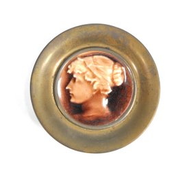 Miniature Antique Brass Dish With Classical Woman Portrait Ceramic Plaque