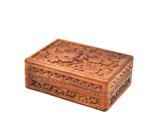 Vintage Hand-Carved Wooden Trinket Box W/ Floral Relief & Velvet Lining
