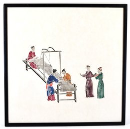 Vintage Chinese Colored Print Depicting Textile Production Scene, Framed