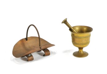 Two Vintage Brass & Copper Desk Accessories – Pen Holder & Mortar And Pestle