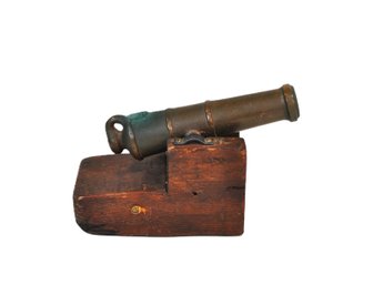 Antique Bronze Naval Signal Cannon Model On Wooden Base