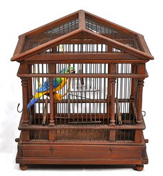Antique Amsterdam Walnut Wooden Bird Cage With Carved Parrot
