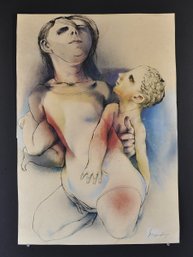 Surrealist Mother & Child Mixed-Media Figurative Artwork - Signed